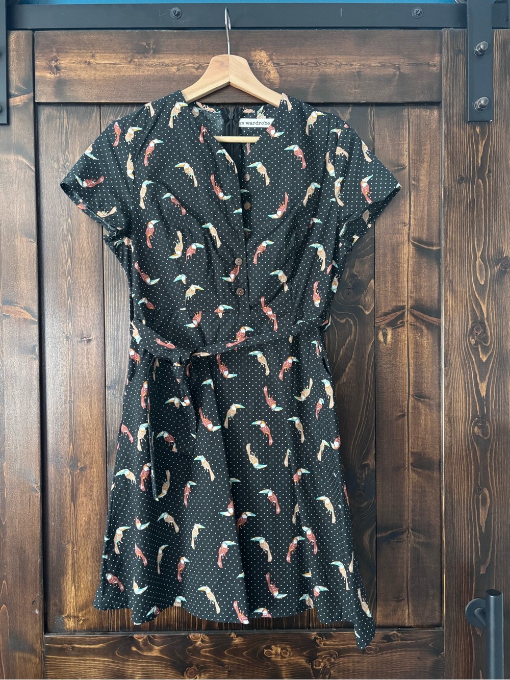 Black Polka Dot Toucan Print Short Sleeve Dress